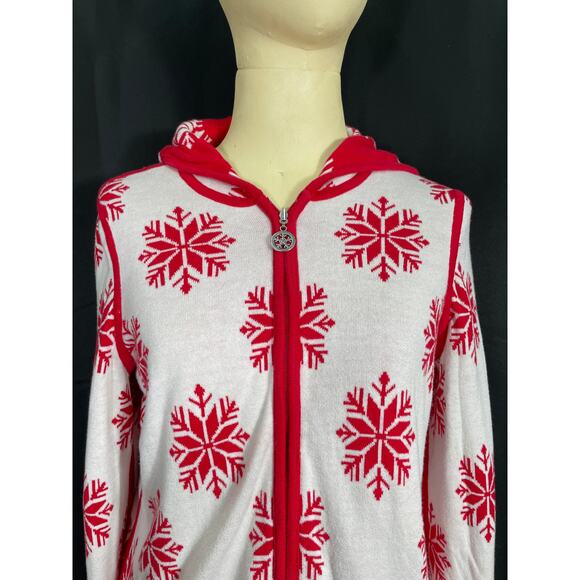 Reversable Holiday Sweater Hoodie, Red & White Snowflakes, Zip Up Ugly Christmas - Picture 3 of 10